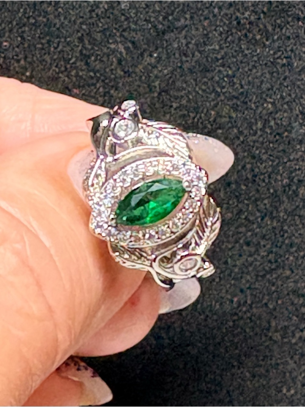 Emerald Marquise Halo Silver Ring - Green Gemstone-leaf motif